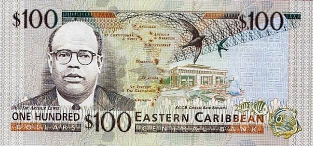 Купюра номиналом 100 восточнокарибских долларов, обратная сторона